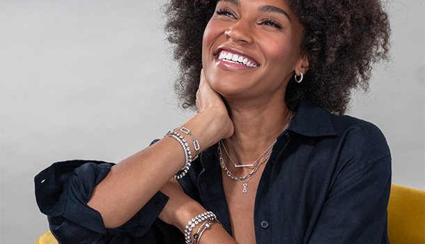 Woman wearing crystal jewelry